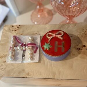 Anthropologie Holiday Monogram “H” Trinket Dish + Pearl Bow Letter Ornament Set